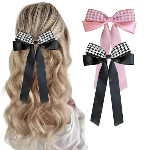 2pcs Satin Bow Hair Clips for Women Girls, Plaid Hair Accessories Plaid Ribbon Clips for Women Girls Hair Accessorie (Black-pink)