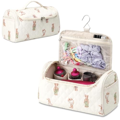 Travel Case Compatible with Dyson Airwrap & Shark Flex Style, Quilted Travel Hair Dryer Bag with Hook, Portable Hair Tool Organizer for Curling Iron & Accessories (Bear Beige)