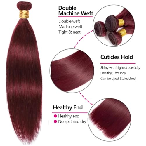 Freiuoke 99J Burgundy Straight Human Hair Extensions 3 Bundles 24-28 Inch Virgin Brazilian Hair