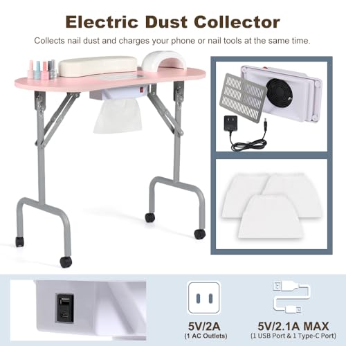 36" Portable Manicure Table with Dust Collector & Charging
