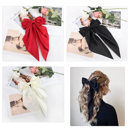 FYIMUYI Silky Satin Oversized Long-tail Bow Clip, Large Black Hair Bow for Women Girl, Hair Accessories with Long Tail, 1Pcs