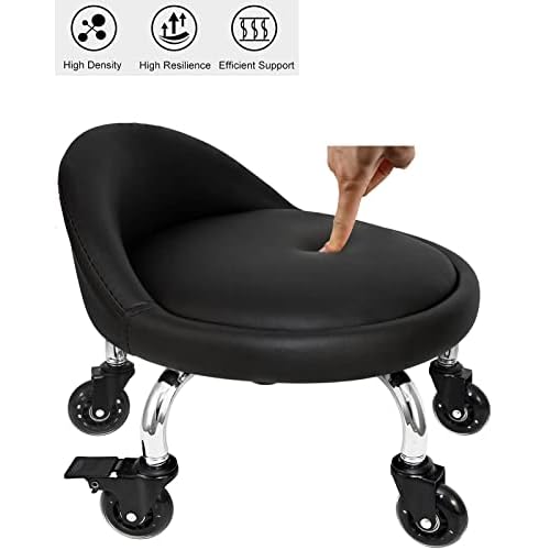 Rolling Stool with Backrest 450 Lbs High Weight Capacity PU Leather Roller Seat and Heavy-Duty Crystal Universal Wheels for Men Women Boy Girl Furniture Gift, Home Office Black