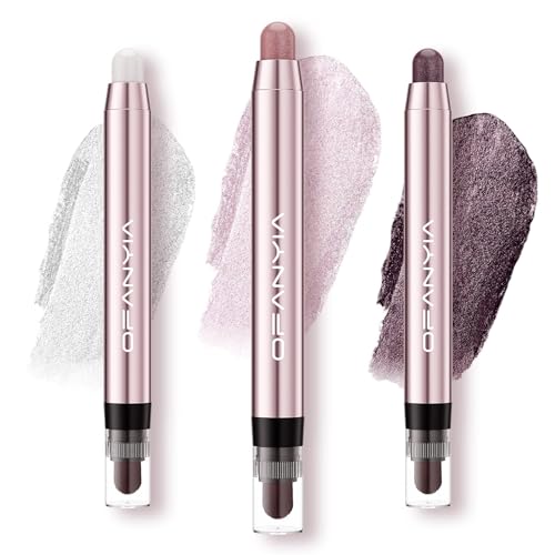 Glitter Eyeshadow Stick, 3 Colors Shimmer Cream Eyeshadow Pencil Set,Pro White Highlighter Makeup Stick,Waterproof Pink Eye Brightener Crayon,Smoky Amethyst Eye Makeup for Women Girl Party Queen