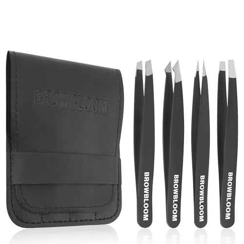 4Piece Set of Professional Tweezers for Women Facial Hair, Black Stainless Steel Precision Tweezer for Ingrown Hair, Eyebrow Tweezers for Men Comes in Carrying Pouch (Black Set)