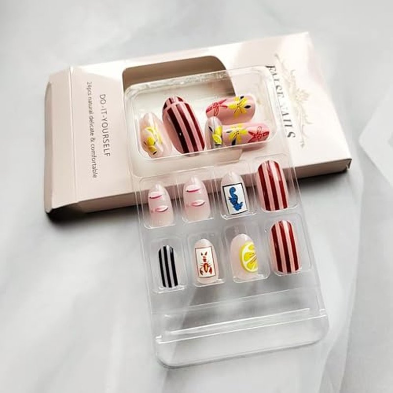 24Pcs Summer Beach Oval Press On Nails with Lemon Flower Stripes