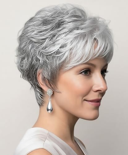 Short Gray Pixie Cut Wig with Bangs for Women