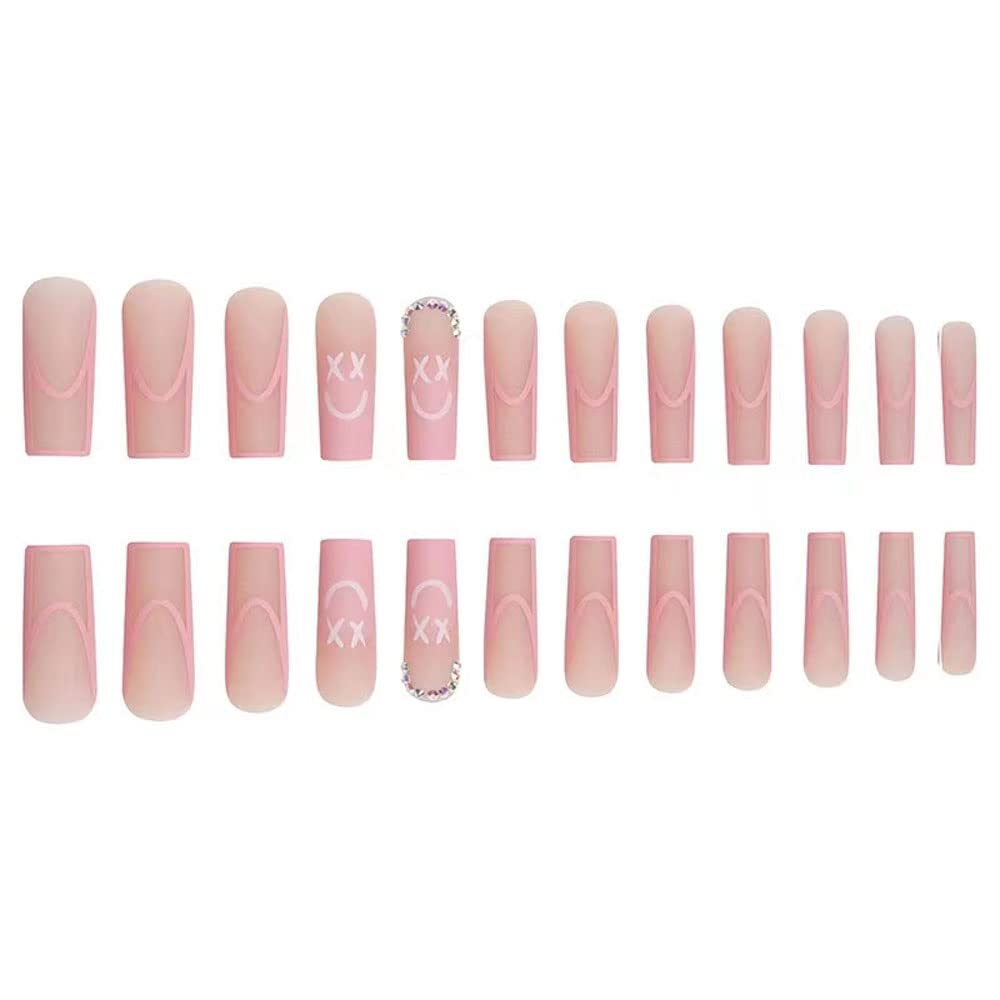 Magrace Long Square Press on Nails Fake Nails French Tips False Nails with Designs Rhinestone 24 pcs Stick on Nails for Women