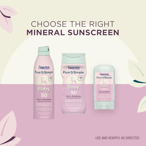 Coppertone Pure and Simple Baby Mineral Sunscreen Lotion SPF 50 (6 Fl Oz) + Baby Sunscreen Stick SPF 50 (0.49 Oz),Hypoallergenic and Fragrance Free,(Pack of 4)