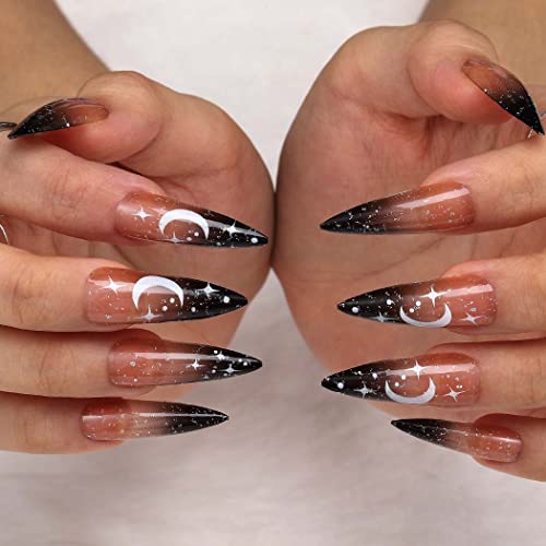 Outyua Stiletto Halloween Long Press on Nails with Designs Moon Acrylic Fake Nails Ballerina False Nails Full Cover Nails 24Pc (Moon)