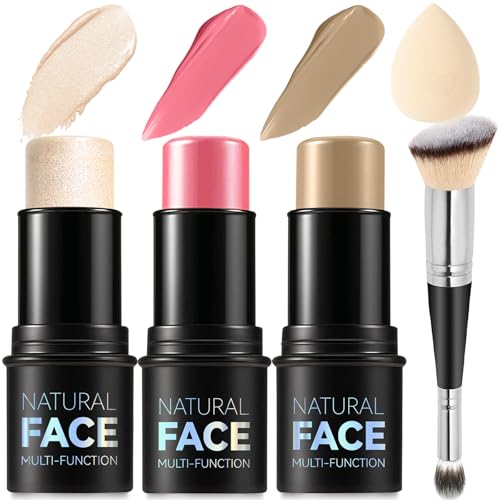 Cream Contour Kit with Highlighter, Blush & Bronzer Pencil Sticks - Waterproof, Matte & Dewy Finish