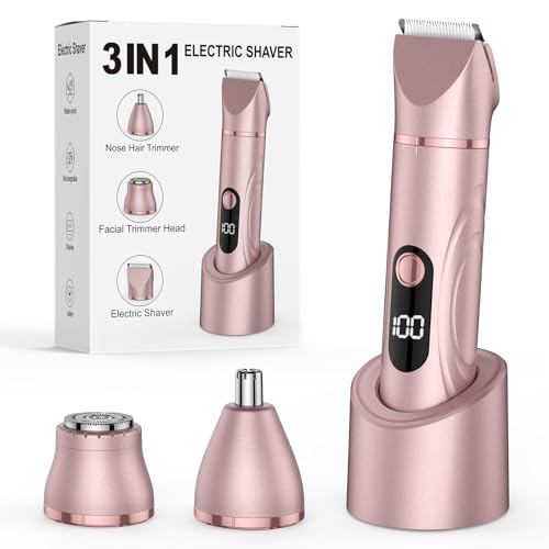 Bikini Trimmer for Women 3 in 1 Electric Shaver Razors Nose Hair Trimmer Waterproof Pubic Hair for Underarm Leg Arm Body (Rose Gold)