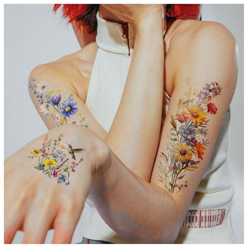 14 Piece Flower Temporary Tattoos Set - Watercolor Floral Design
