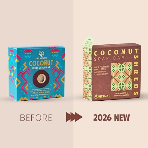 Coconut Shreds Soap Bar (Pack of 5) ? Exfoliating & Moisturizing 2-in-1 Body Soap, Cold Process Handmade Bar with Coconut Milk & Oil, Gentle Daily Cleanser