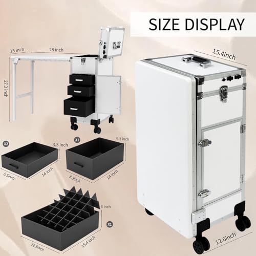 Rolling Manicure Table with 3 Drawers & Mirror | Portable Nail Desk