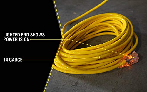 Yellow Jacket Medium Duty Extension Cord, 25Ft, 14 Gauge, 3 Conductor, Lighted End, Weather Resistant, SJTW, Yellow, 2886