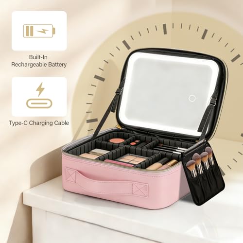Travel Makeup Bag with Lighted Mirror, Adjustable Partition Makeup Travel Case, Adjustable Brightness in 3-Color Scene, Waterproof Makeup Train Case, Luminous Makeup Bag with Detachable Mirror, Pink