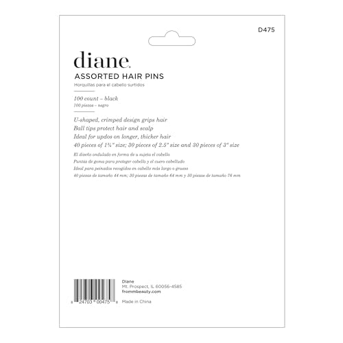 Diane Hair Pins for Women Bulk Pack of 100 Assorted Sizes Jumbo 3, Large 2.5, Medium / Small 1.75 - Black, Crimped Design with Ball Tips, D475-100 Count(Pack of 1)