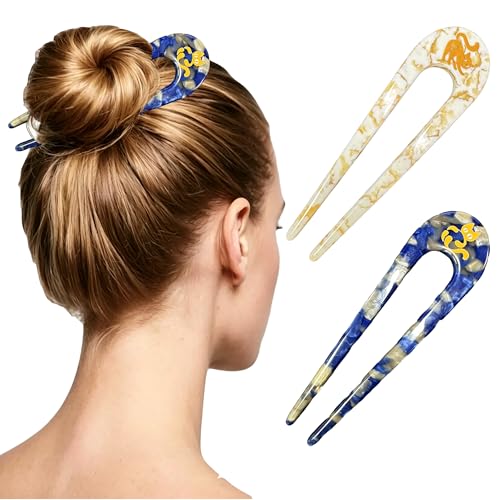 2PCS Prestige French Hair Pins with Cat Pattern - Tortoise Shell U-Shaped Hair Forks