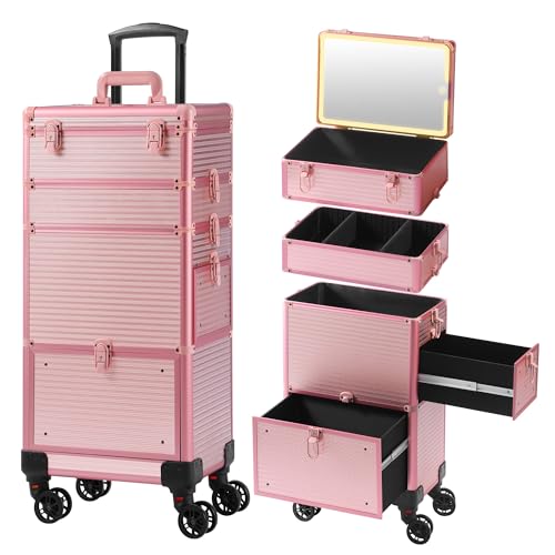 Somduy LED Makeup Train Case with Mirror & Drawers, Pink
