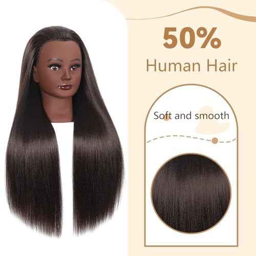 WeiRan 26"-28" Mannequin Head Styling Head with Hair Cosmetology Manikin Doll Training Head for Hairdresser Practice Braiding Free Clamp Holder and Comb (a01-block)
