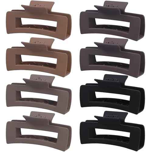 8 Pcs Large Hair Claw Clips 4.1 Inch Non-slip Big Square Matte Hair Claws for Women, Strong Hold Banana Clip for Thick Thin Hair(Grey/Khaki/Black)
