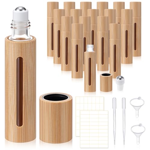 18 Pcs 10ml Bamboo Roll on Bottles for Essential Oils Empty Bottles with Stainless Steel Roller Balls with Funnels, 3ml Droppers and Stickers