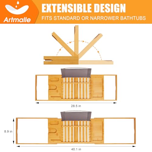 Expandable Bamboo Bathtub Caddy Tray with Wine Glass Holder