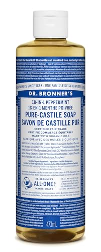 Dr. Bronner's - Pure-Castile Liquid Soap (Peppermint, 16 ounce) - Made with Organic Oils, 18-in-1 Uses: Face, Body, Hair, Laundry, Pets and Dishes, Concentrated, Vegan, Non-GMO