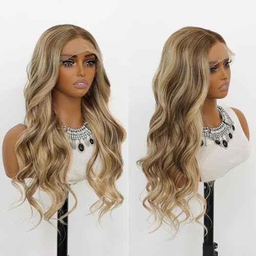 Ombre Blonde Wavy 13¡¿4 Lace Front Wigs Mixed Brown and Blonde Color Ombre Lace Front Synthetic Wig Heat-resistant Fibre Wig For Daily party Use£¨24Inch£©