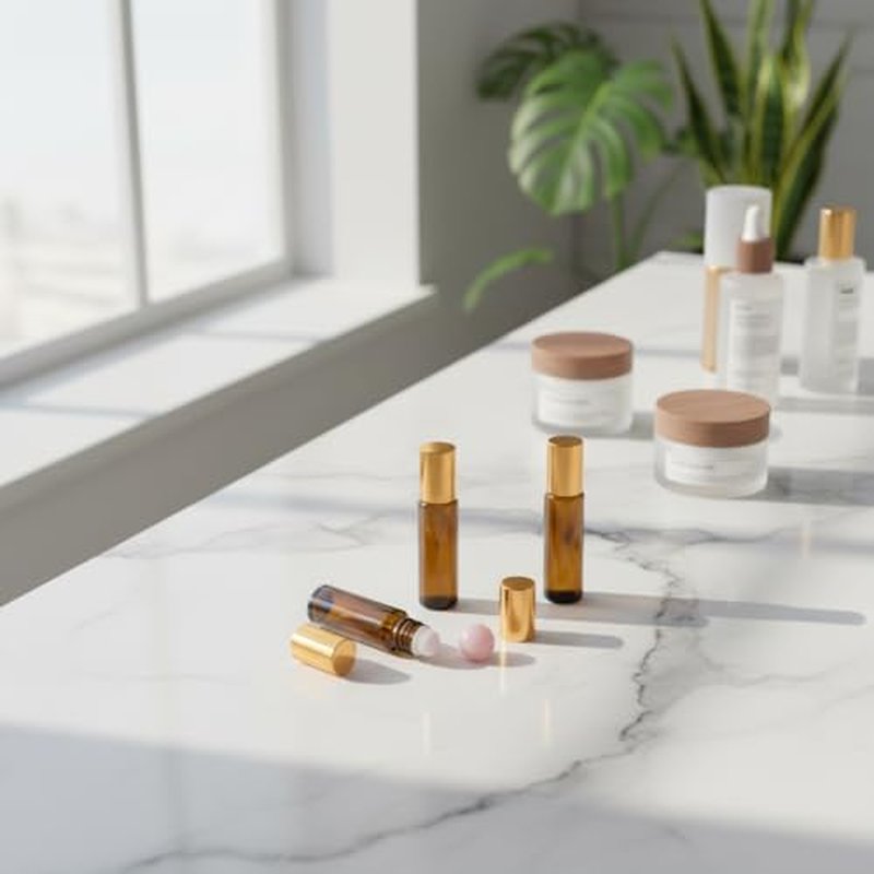 4-Pack Rose Quartz Roller Bottles - 10ml Amber Glass Set for Essential Oils