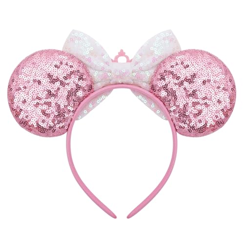 ODOCARE Handmade Mouse Ears Headband with Pink Glitter Crown and Polka Dot Bow for Women and Girls - Costume Accessory