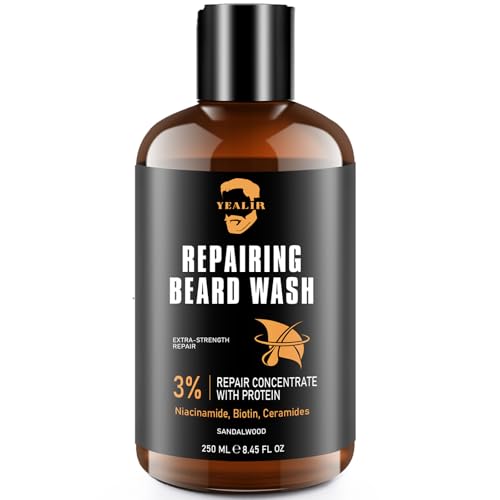 Repairing Beard Wash & Shampoo for Damaged Beards - Strengthens, Softens, Thickens & Adds Healthy Shine ? With 3% Protein, Biotin, Ceramides & Niacinamide ? 8.45 fl oz