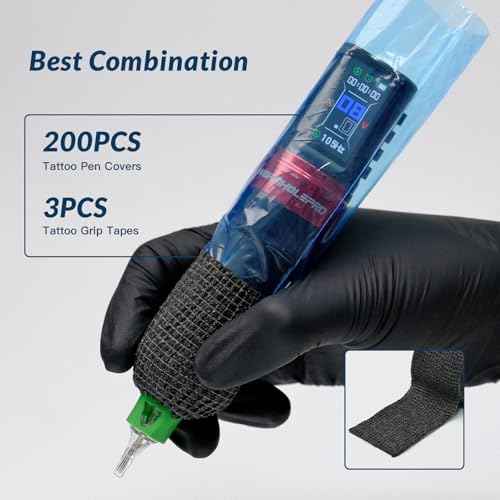 Wormhole Tattoo 200Pcs Plastic Tattoo Machine Covers, 3Pcs Tattoo Grip Tape, Disposable Tattoo Pen Covers for Tattoo Beginners 65 * 180mm - Blue