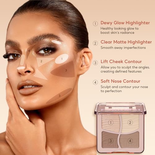 FelinWel Highlight Contour Makeup Palette Effortless Blending Matte Shimmer Highlighter Palette and Bronzer Powder for Warm Toned Skin