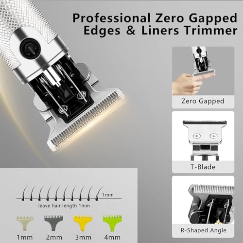 Professional Hair Clippers for Men, Electric Cordless Clippers and Trimmers Set, Nose Hair Beard Trimmer, Hair Cutting Barber Clippers with Guards, T Liners Edgers Clippers for Mens (Silver)