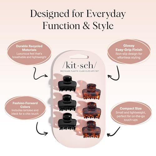 Kitsch Small Recycled Hair Claw Clips - Black & Tortoise Shell, 6 Pack