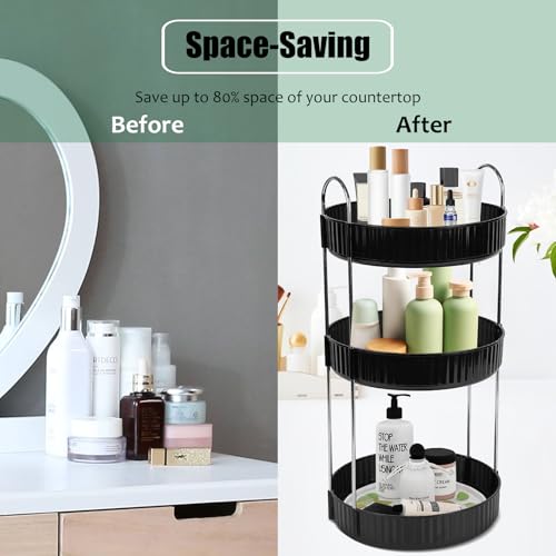 Rotating Makeup Organizer 3-Tier Lazy Susan - Countertop Vanity Storage for Hair, Skincare & Perfume, Black