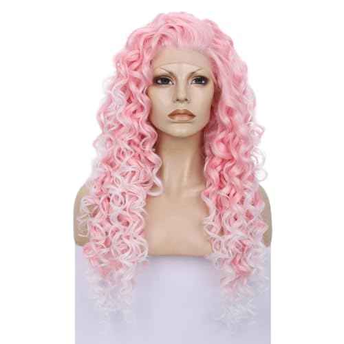IMSTYLE Pink Curly Lace Front Wigs Women Cosplay Costume Daily Wear Bounce Fluffy Wig Hair Heat Resistant 26 Inch(Pink)