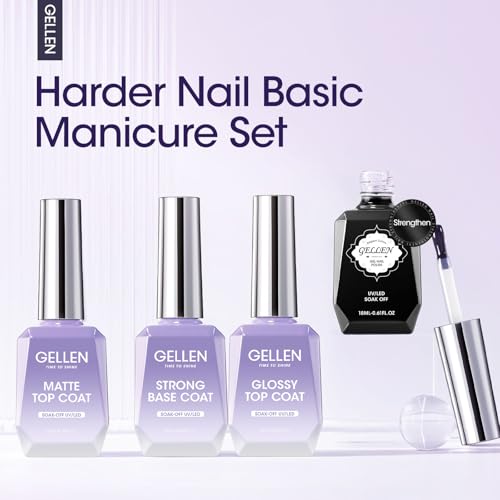 Gellen 4Pcs Gel Top Coat and Base Coat with Nail Strengthener Set for Gel Nail Polish, 18ml No Wipe Glossy and Matte Gel Top Coat, Base Coat Gel Nail Polish, Soak Off UV Gel to Nail Harder