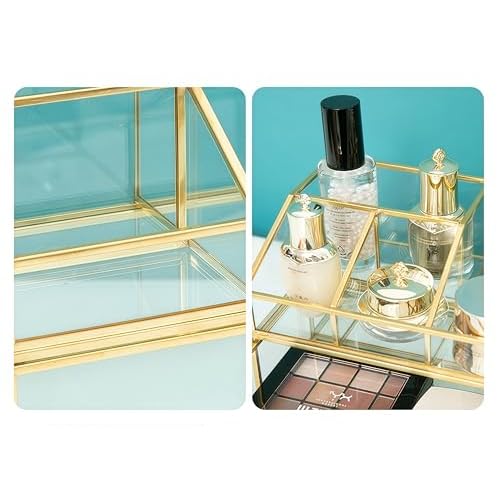 JIARI Glass Makeup Organizer with Drawer, Gold Frame Jewelry Display Box, Nordic Style Cosmetic Storage for Vanity Bathroom Bedroom Office, 9.44x5.43x4.92 Inches (Storage Box-2 Tier)