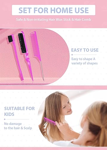 Hair Wax Stick, Edges Brush, Rat Tail Comb, Bristle Brush Set 4Pcs, Wax Stick for Hair & Wig Flyaways, Slick Back Hair Brush for Smooth Hair & Baby Hair Edge Control & Tame Frizz