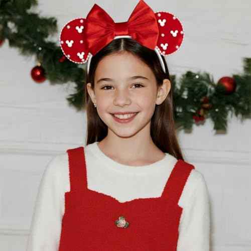 JIAHANG Christmas Velvet Mouse Ears Headband with Pearls, Red Hair Bow Hairband with Beads, Party Decoration Headwear Hair Accessories for Women Girls