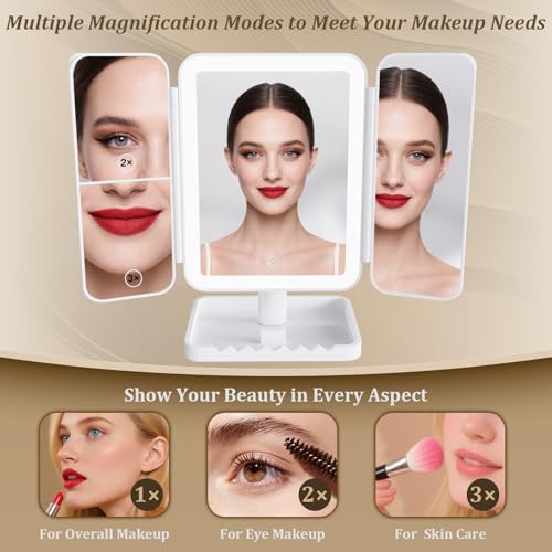 DailyCuddles White Makeup Mirror with Lights - 3 Color Modes, 1X/2X/3X Magnification, Tri-Fold, 360° Rotation, USB-C Rechargeable, Phone Holder
