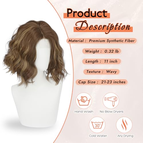 Brown Bob Wig with Lace Front - Short Wavy Synthetic Hair