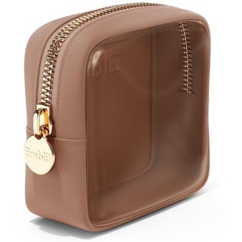 Embla Clear Cosmetic Bag Makeup Case, Clear Zipper Make Up Pouch and Toiletry Travel Tote, Cute Skincare Pouches for Women Girls, Preppy Purse Cosmetic Organizer, Mini Makeup Bags, Mocha Mousse