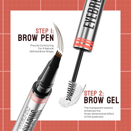9705 2in1 Hilibrand 4-Pronged Dual-Ended Eyebrow Pencil&Eyebrow Gel, 4-Pronged Ultra-Fine Realistic Eyebrow Pencil End, Eyebrow Setting Wax End, Waterproof, Sweatproof, Long-Lasting (2#Dark Brown)