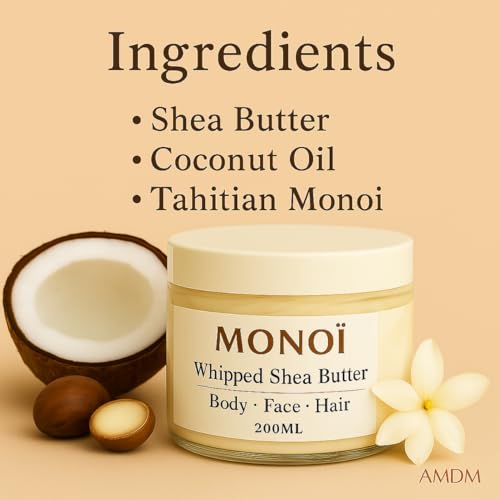 AMDM Whipped Shea Butter with Tahitian Monoi - Tropical Moisturizing Body Butter for Skin & Hair | Lightweight & Non-Greasy, Enhances Glow & Softness | 6.76 oz Jar