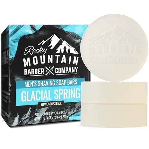 Shaving Soap Pucks for Men - 3 Pack - Traditional Wet Shave Glycerin-Based Shave Soap Bars - Made in USA For Use with Shaving Brush and Bowl - Glacial Spring Scent by Rocky Mountain Barber Company