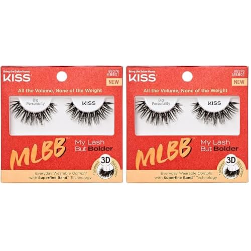 KISS My Lash But Bolder, False Eyelashes, Big Personality', 14 mm, Includes 1 Pair, Contact Lens Friendly, Easy to Apply, Reusable Strip Lashes, Glue-On (Pack of 2)