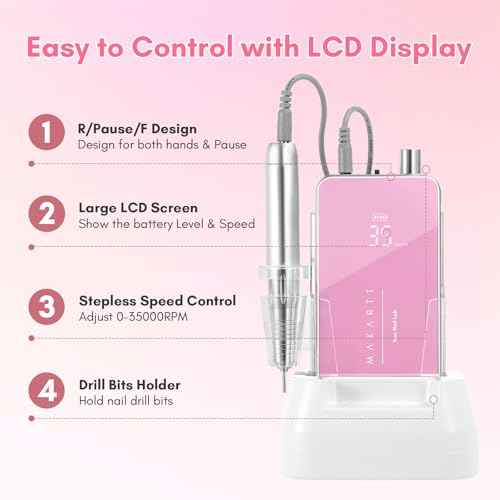 Makartt Nail Drill Professional: 60W 35000RPM Electric Nail File with Coreless Motor, 2 in 1 Desktop & Portable, Drill Bits and LCD Display for Acrylic Gel Nails, Nouvella Pink